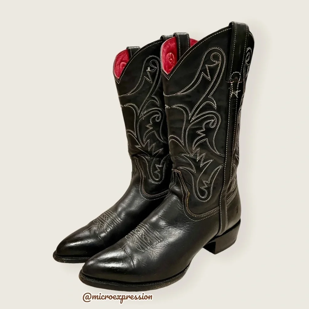 VINTAGE 1990 Frye Black Red Contrast Leather Embroidery Stitch Tall Cowboy Boot
